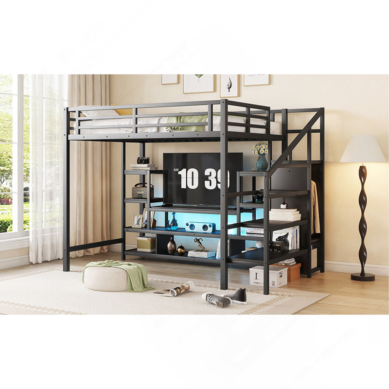 Lit mezzanine double en métal avec meuble télé, lit mezzanine en métal avec escalier et garde-robe, lit mezzanine double