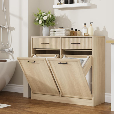 Armoire à linge dissimulée avec rangement pour salle de bain, panier à linge moderne à ouverture inclinable et cannelée, avec tiroirs et paniers étanches