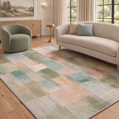 Abstract Color Block Machine Washable Sage Green Beige Area Rug with Non-Slip Backing