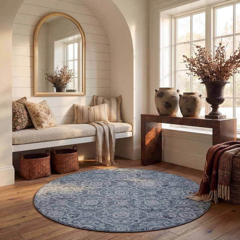 Tapis bleu en laine touffeté à la main à motif damassé Sulema, Rond 6 pi