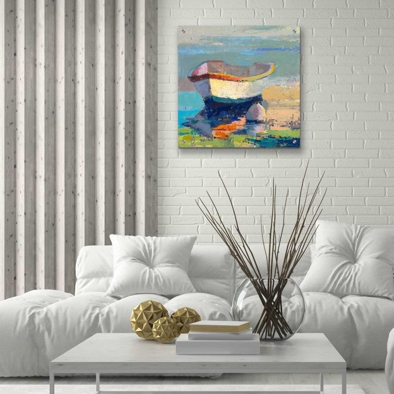 «Bottle Green Boat» par Beth Forst, art mural en verre acrylique, H 24 po x l 24 po x P 0,2 po