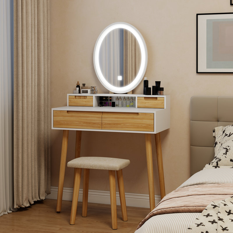 Barther Vanity Table Set with Adjustable Brightness Mirror and Cushioned Stool