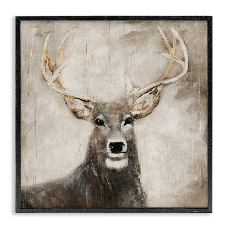 «Gazing Deer in Neutrals», estampe numérique, conception de Sally Swatland, H 12 po x l 12 po, Giclée encadrée noir minuit