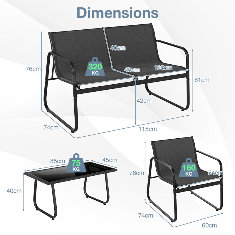 4 Piece Outdoor Furniture Set Patio Metal Conversation Chair & Coffee Table