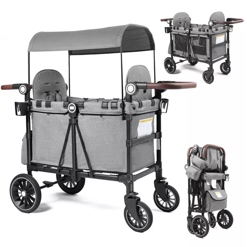 Folding Wagon Stroller for 2 Kids, Adjustable Handle, All-Terrain Shock-Absorbing Wheel, Detachable Tray, Diaper Bag, Gray