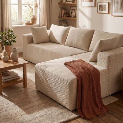 Beige Corduroy L-Shaped Sectional Sofa, Modern Minimalist 2-Piece Modular Couch With Throw Pillows