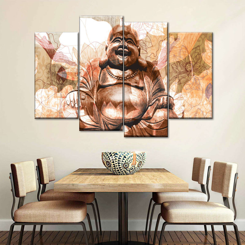 Buddhist Happy Buddha, reproduction sur toile 4 pièces, H 68 po x l 42 po