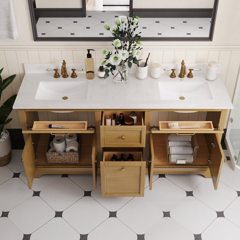 Heritage 72" Fully Assembled Double Bathroom Vanity with Engineered Marble Top, Soft Closing and Splash Guard