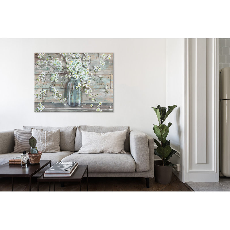 Blossoms In A Mason Jar: Grey - Wrapped Canvas Print, 30.5 cm H x 40.6 cm W