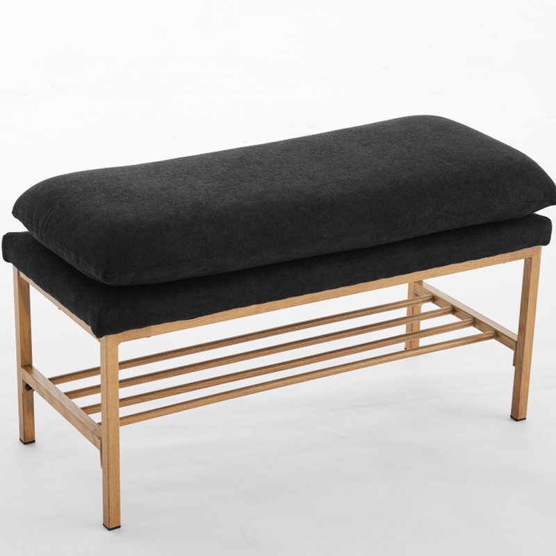 Black Linen Upholstered Living Room Sitting Bench With Metal Legs And Shelf For Bedroom, Entryway, Dining Bedroom Room, Use