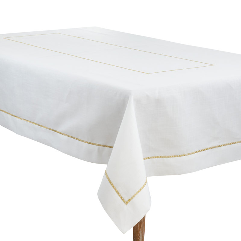 White Rectangular Fabric Tablecloth with Gold Embroidered Border