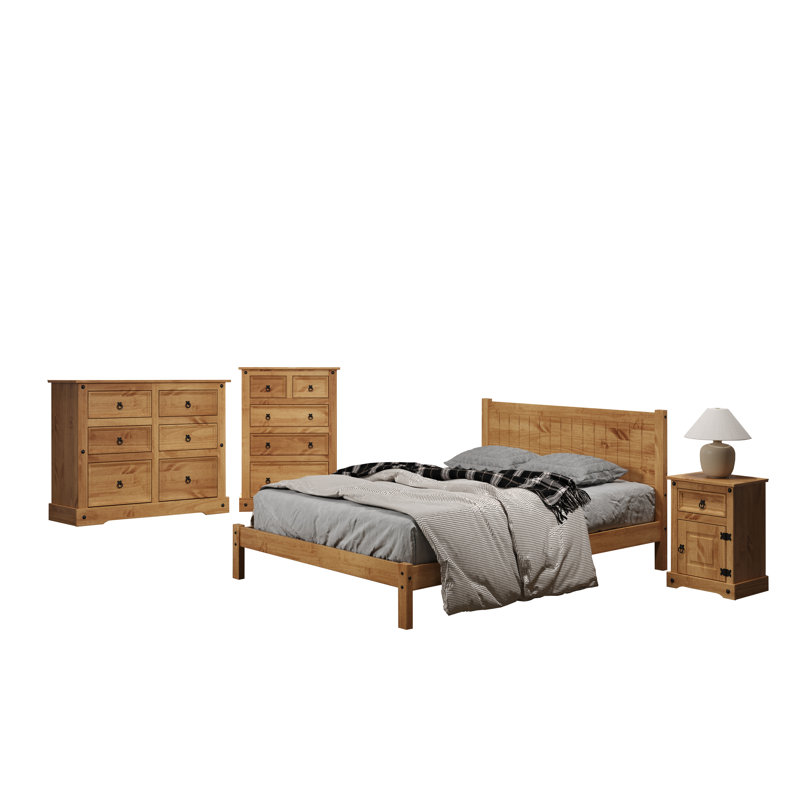 Ensemble de chambre à coucher 4 pièces, une table de chevet, un lit, une grande commode et une large commode en bois massif Lindall