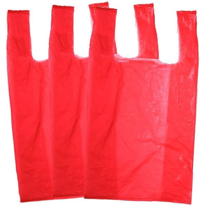 Sacs de magasinage en plastique rouge 1/8 10 x 5 x 18 pouces Ecoqualité pour sacs à emporter pour livraison, vente au détail, épicerie, restaurant, plats à emporter et dépanneurs (180)