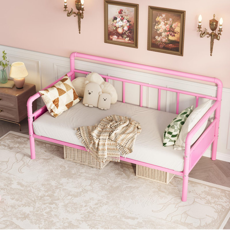 Metal Daybed Frame Twin Size, Heavy Duty Metal Twin Bed Frame, Daybed for Living Room Bedroom Guest Room, Pink