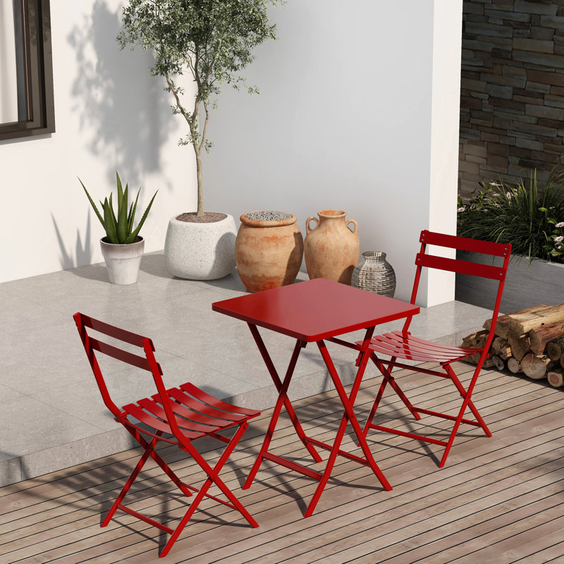 Bistro rouge pliable pour patio - 3 pièces. Fabrication en métal. Gain de place. Idéal pour les balcons. Table de l 21,65 po x L L, H 31,7 po. Espaces extérieurs.