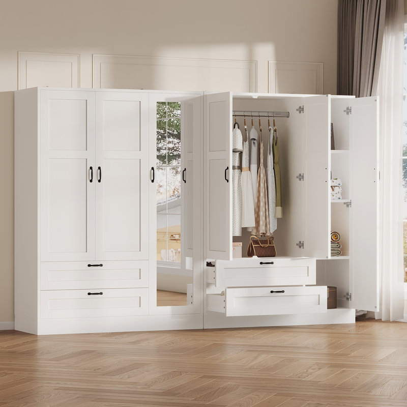 Armoire 5 en 1 avec miroir pleine longueur et 2 tiroirs, armoire de rangement autoportante avec tablettes réglables, armoire en bois blanc moderne