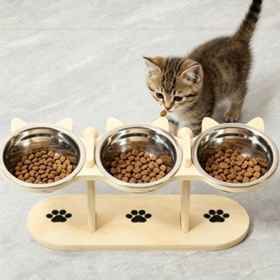 Support pour chat en bois surélevé à 3 bols avec bols en acier inoxydable inclinés, table de salle à manger mignonne à oreilles pour chat, station de jeu d'eau en bois pour animaux de compagnie