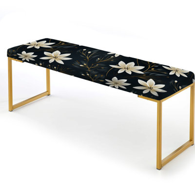Black & Ivory Elegant Floral Pattern I - Floral Upholstered Gold Bench