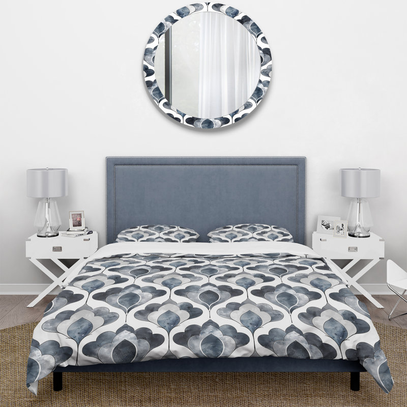Ensemble de housse de couette blanc gris quadrilobe Elegance - Mid-Century, Housse de couette très grand + 2 taies décorativ