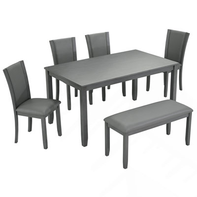 6-Piece Dining Table Set With Bench And Chairs, Wooden Dining Table Set For 6, Modern 6 Person Dining Table Set For Dining Room, Kitchen, Grey