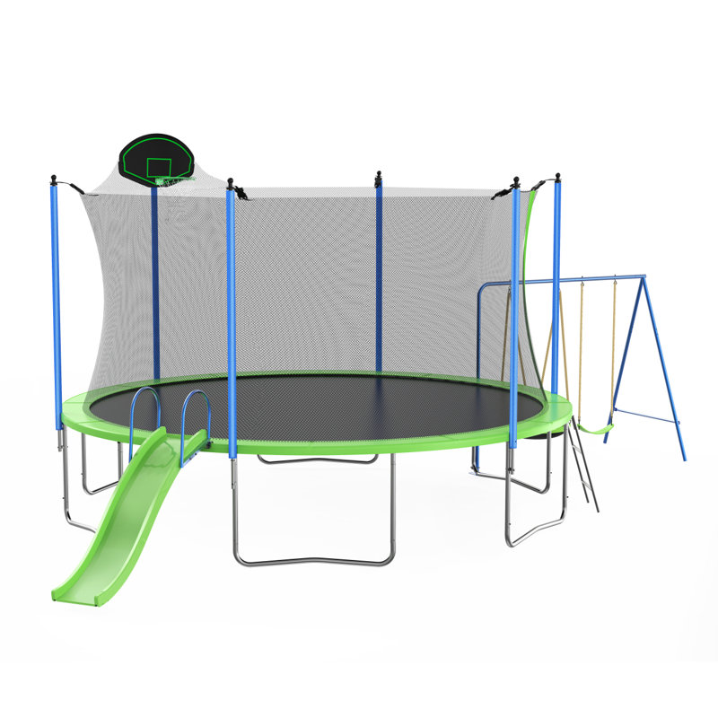 12FT Trampoline With Slide And Swings, ASTM Approved Large Recreational Trampoline With Basketball Hoop And Ladder,Outdoor Backyard Trampoline With Net