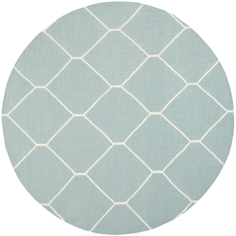 Rodgers Hand Woven Flat Weave Wool/Cotton Geometric Rug in Blue, Round 6'