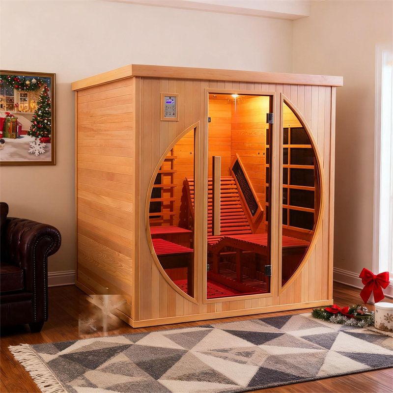 Sansheng® 2 Person Traditional Indoor Far Infrared Red Cedar Sauna With Recliner And Tempered Glass Door