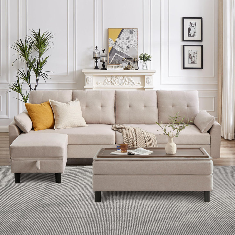 102.4" Wide Sofa with Storage Ottoman and Long Bench with Coffee Table, Beige Polyester Blend