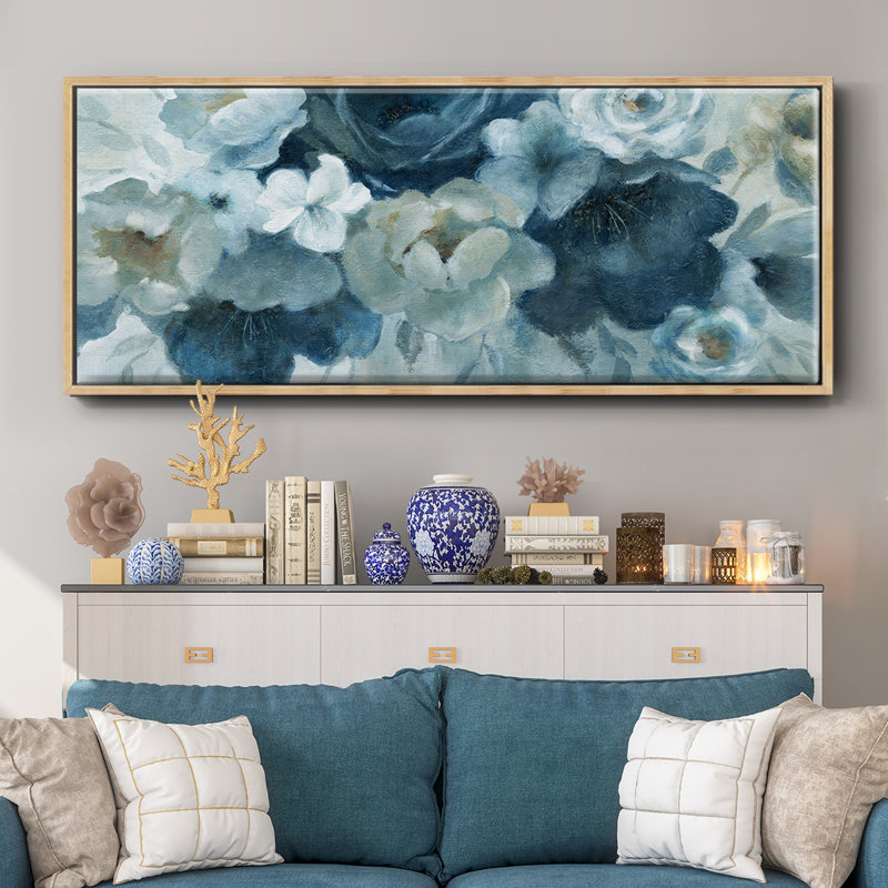 Bleu sur toile bleue encadrée, H 20 po x l 50 po