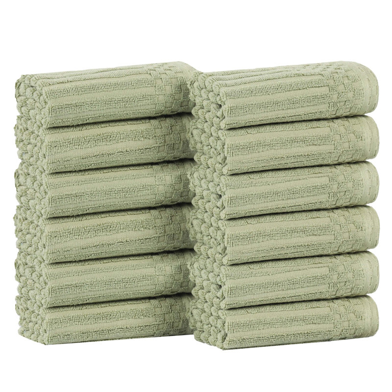 Juras Soho Cotton Ribbed Checkered Border Medium Weight Washcloths Face Towels, Sage Green