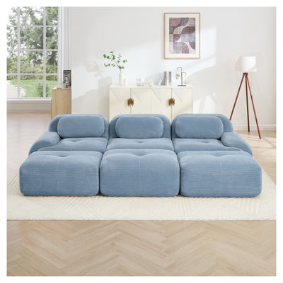 Canapé modulaire bleu à 3 places avec 3 repose-pieds et canapé-lit en velours côtelé sans assemblage