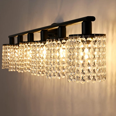 6-Light Crystal Vanity Light Fixture, Modern Black Bathroom Wall Sconce With K9 Crystal Drops, Dimmable E12 Base For Mirror, Vanity, Or Entryway