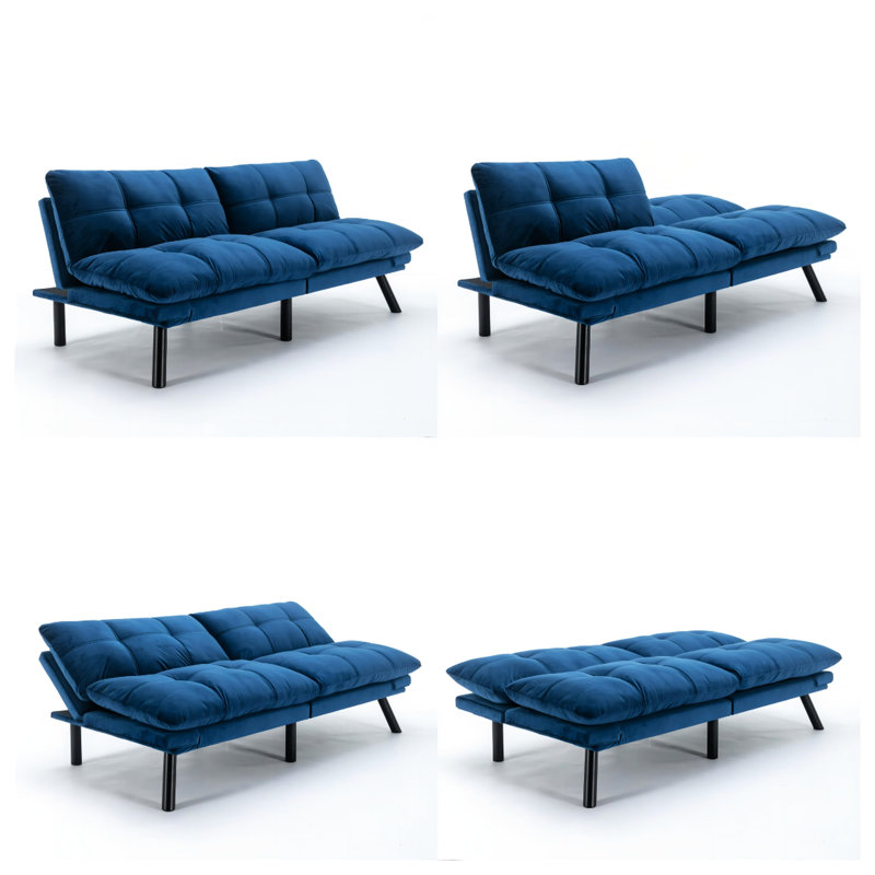 Lit pliant bleu marine convertible avec réglage, lit chaud et relaxant pour les petits espaces.