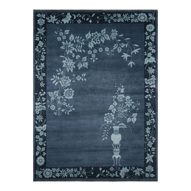 Art Deco Hand Knotted Wool Floral Area Rug, Rectangle 8' x 10'