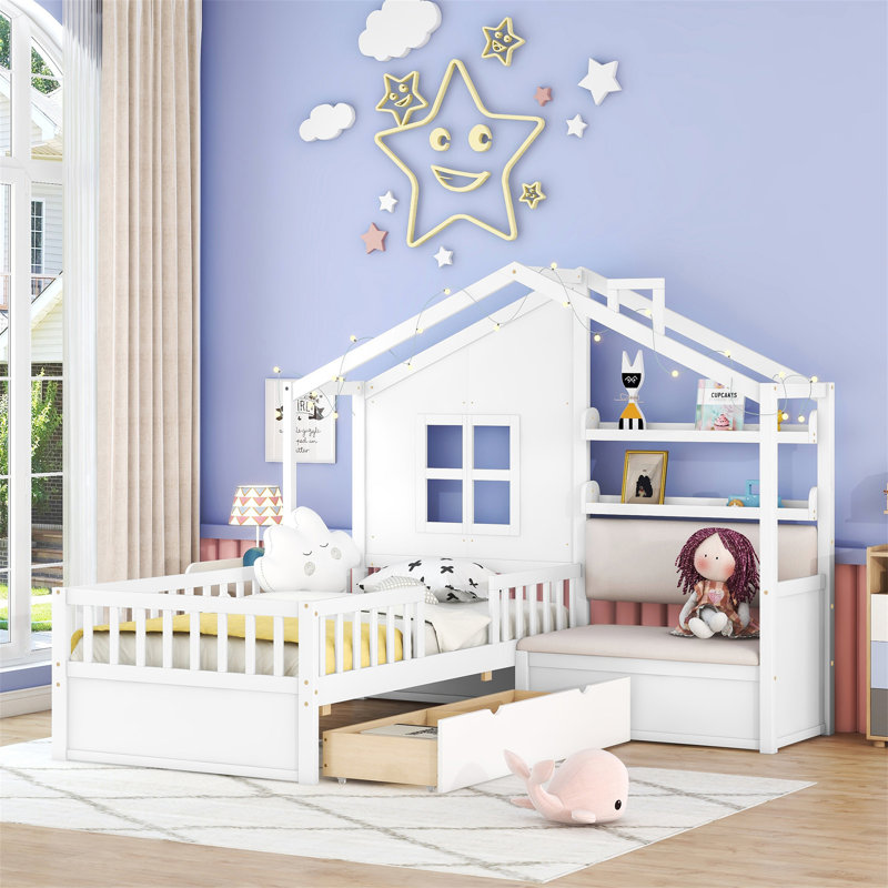Lit House avec canapé, lit plateforme pour enfants avec deux tiroirs et tablette de rangement, Blanc