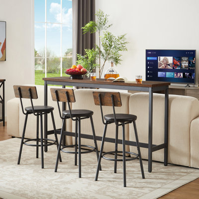 Long Industrial Bar Table Set with 3 PU Upholstered Bar Stools, Ideal for Family Meals and Social Gatherings in Any Home