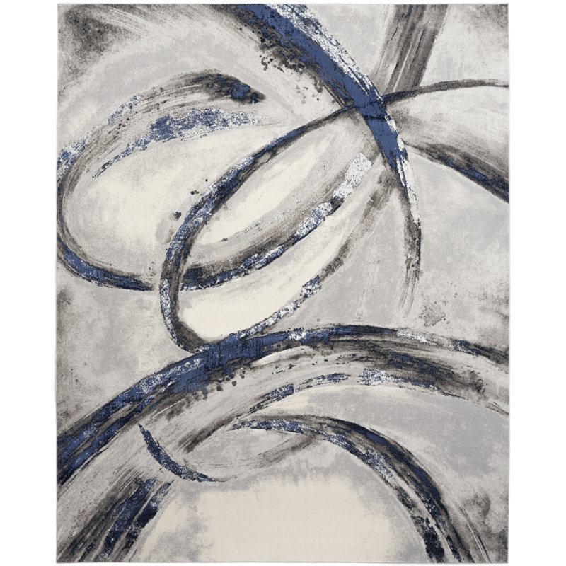 Tapis bleu / gris en polypropylène à motif abstrait tissé à la machine 7 pi 10 po x 9 pi 10 po