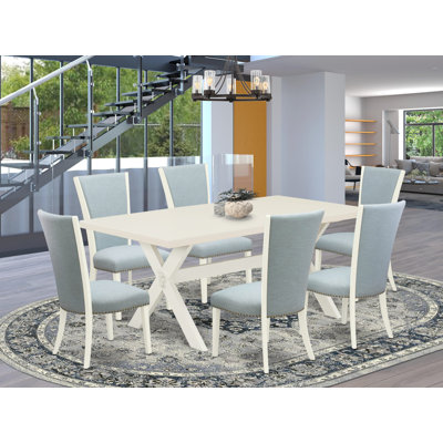 5 Piece Kitchen Table & Chairs Set Includes a Rectangle Dining Room Table with X-Legs and 4 Baby Blue Linen Fabric Parsons Chairs, Wire Brushed Linen White 