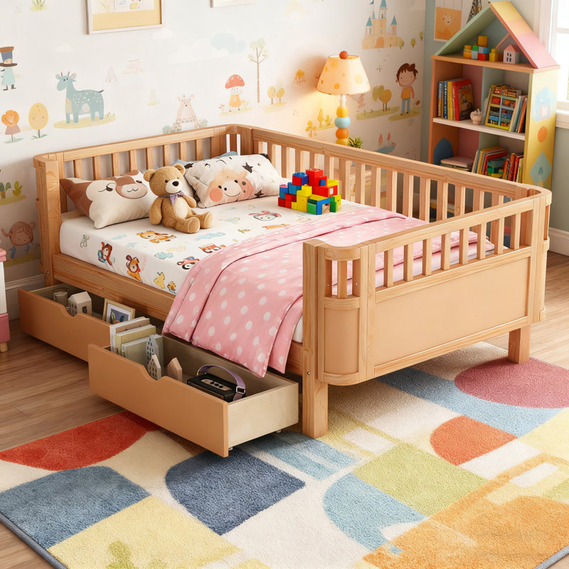 Lit plateforme simple en bois avec garde-corps, Lit simple, Naturel