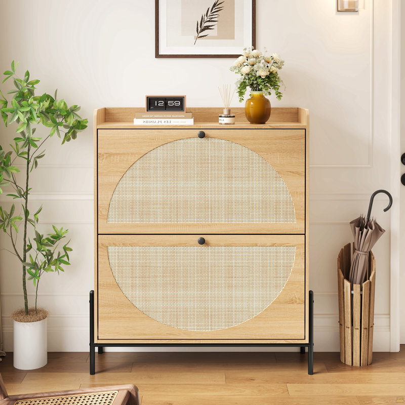 2-Drawer Wooden Shoe Cabinet With Rattan Doors / Narrow Freestanding Storage Organizer For Entryway,Walnut, Walnut