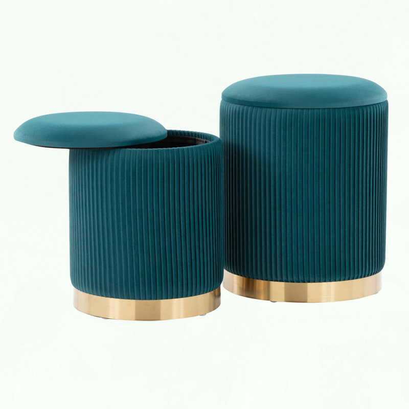 Nesting Pleated Ottoman Set in Velvet with Gold Metal Base