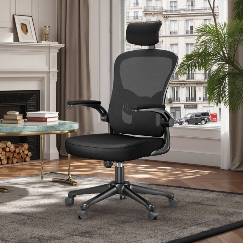 Ergonomic Mesh Office Chair with Adjustable Headrest, Swivel Desk Chair with Flip-Up Arms, Black