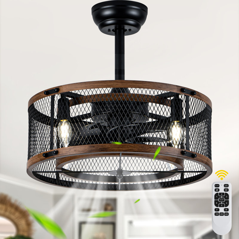 20" Industrial Matte Black Caged Ceiling Fan with Light and Remote, 6 Speed Quiet DC Motor for Living Room, Bedroom