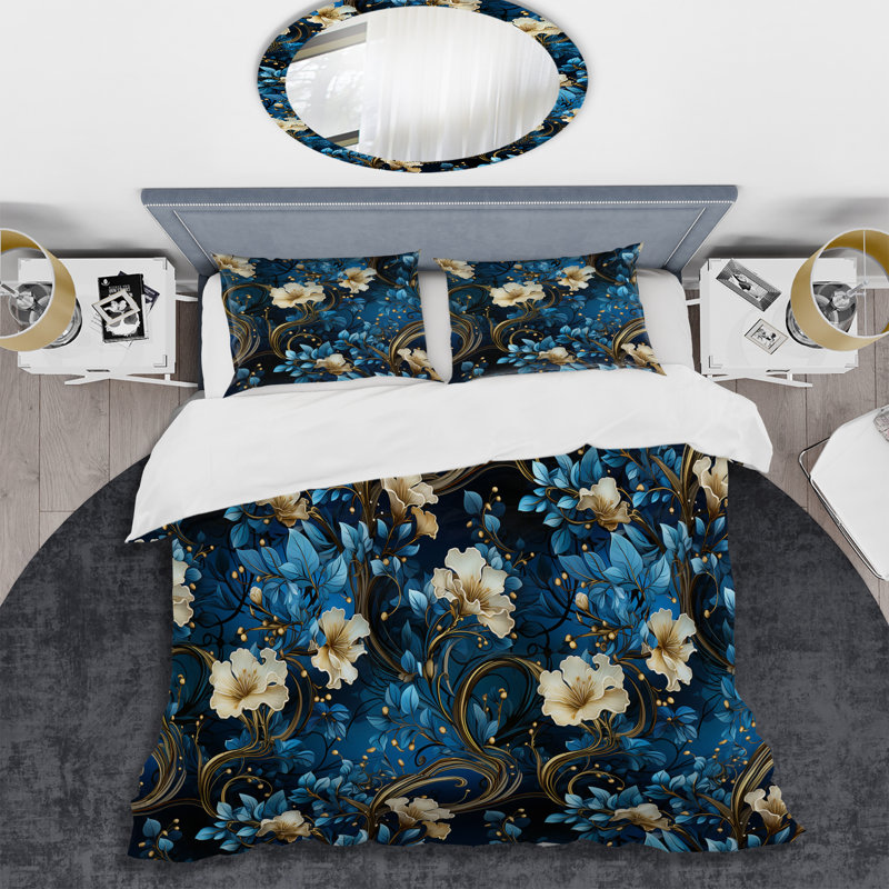Literie Cobalt Blue Nouveau Vines Victorian, Housse de couette pour très grand lit et 2 très