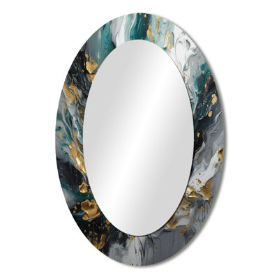Gold Teal Ink On Stone - Gold Modern Oval Wall Mirror