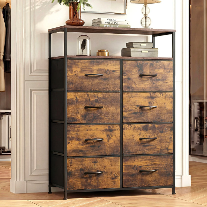 Chaseburg 8-Drawer Dresser with Open Media Shelf, 45.9'' Tall Dresser with Wooden Top, Dresser with Sturdy Frame, Chest of Drawers for Bedroom, Closet, Hallway