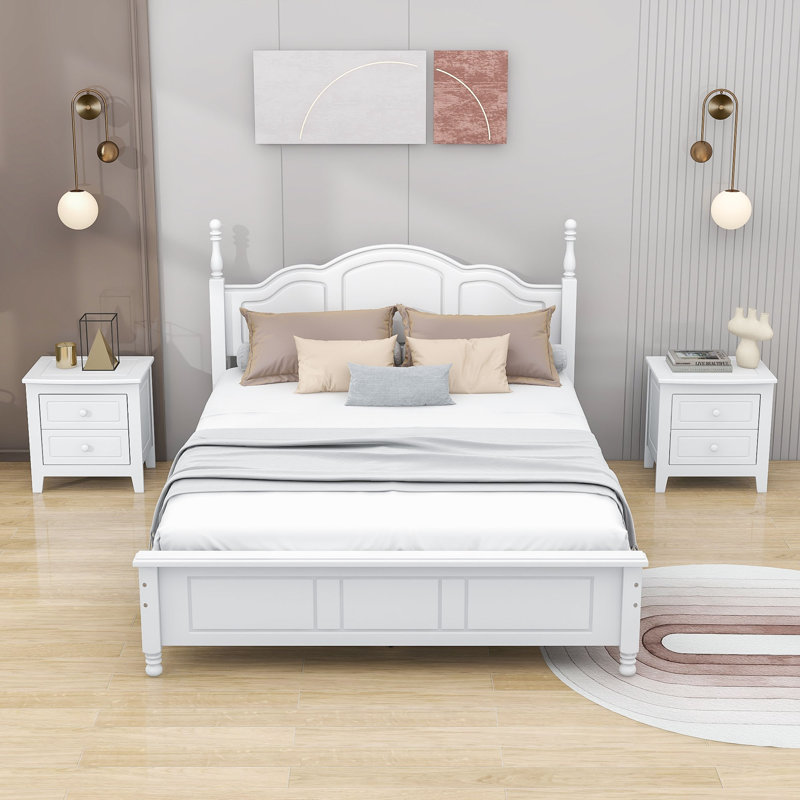 Lit plateforme en bois avec tête de lit et deux tables de chevet, Double, Blanc