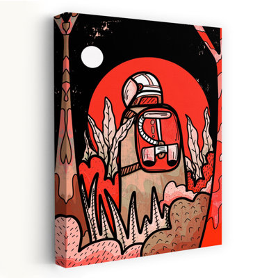 Red Moon Explorer Retro Surreal Vibrant Forest Landscape Wall Art Print by Stephen Wade - Wrapped Canvas Print