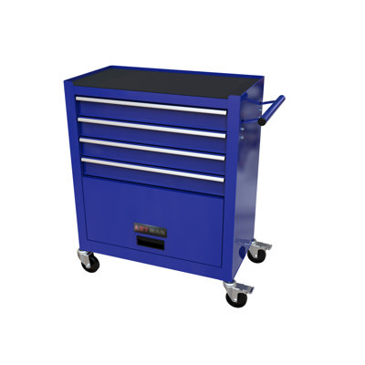 4 Rolling Tool Chest, 24.51"X13"X29.55", Blue. For Garage, Warehouse. 4 Wheels  2 Lockable , Powder Coated, Practical Storage Box Blue Cabinet With Tools. Metal For Workshop, Garage. 4" Brake , And