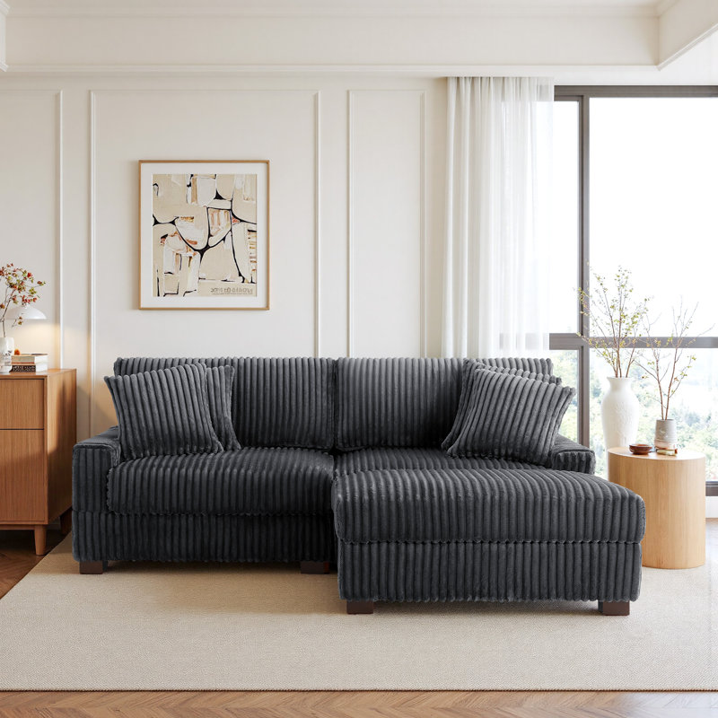 3 - Piece Upholstered Gray Faux Rabbit Fur Flannel Modular Sectional Sofa with Throw Pillows & Removable Ottomans